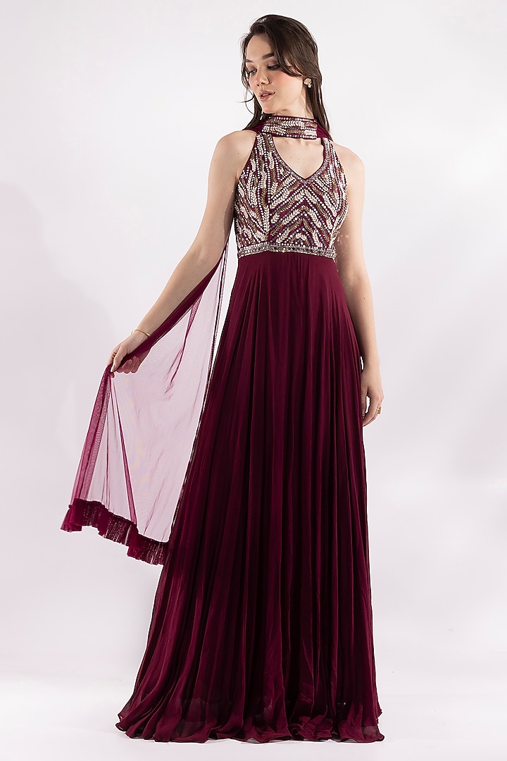 Deep Burgundy Georgette Hand & Machine Embroidered Anarkali Set by RCKC AURUM at Pernia's Pop Up Shop