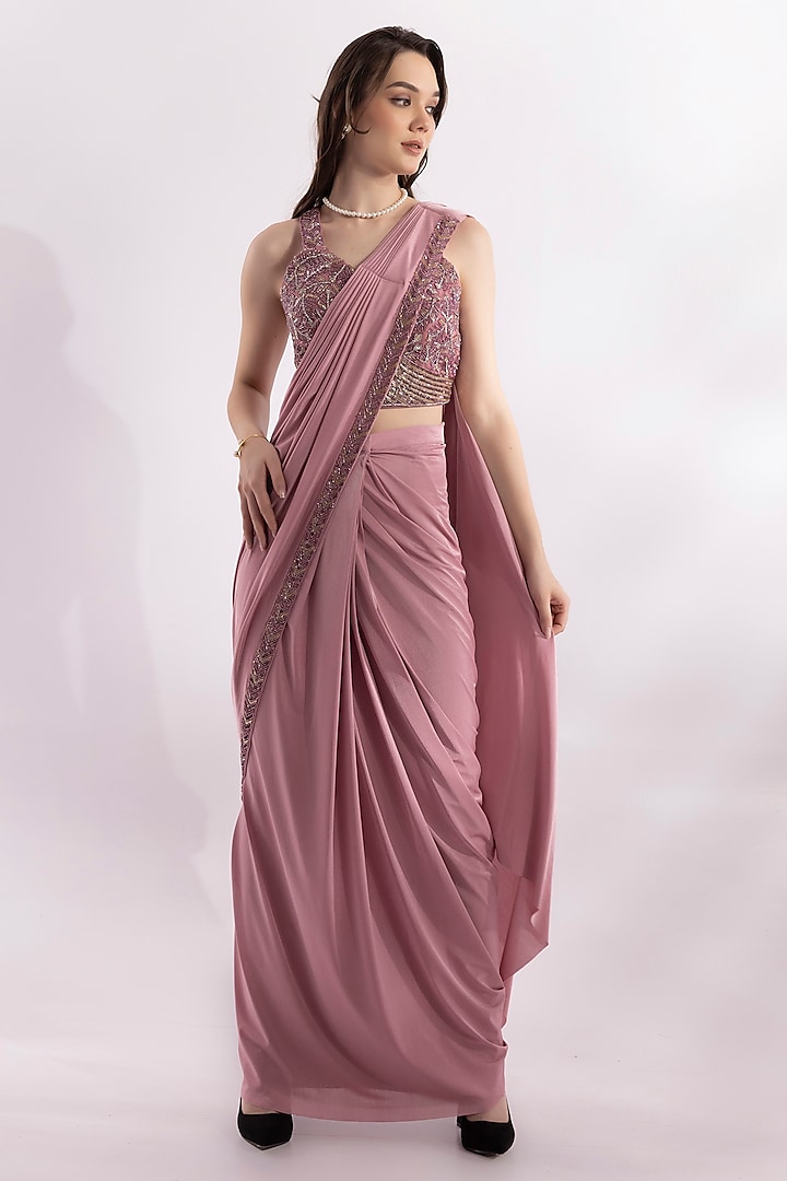 Salomon Pink Lycra Sequin Embellished Pre-Draped Saree Set by RCKC AURUM at Pernia's Pop Up Shop