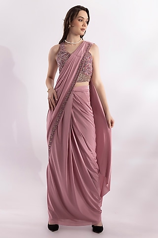 Salomon Pink Lycra Sequin Embellished Pre-Draped Saree Set by RCKC AURUM
