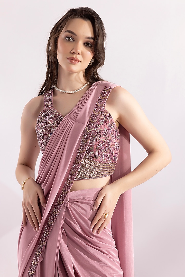 Salomon Pink Lycra Sequin Embellished Pre-Draped Party Wear Saree Set by RCKC AURUM at Pernia's Pop Up Shop