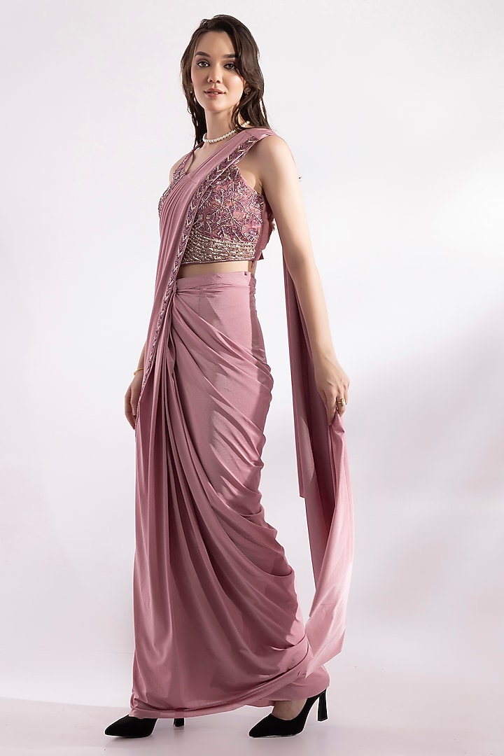 Salomon Pink Lycra Sequin Embellished Pre-Draped Party Wear Saree Set by RCKC AURUM at Pernia's Pop Up Shop