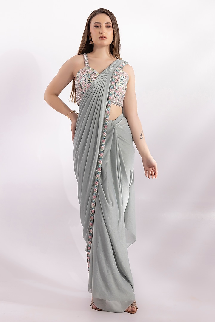 Powder Blue Lycra Resham Embroidered Pre-Draped Saree Set by RCKC AURUM at Pernia's Pop Up Shop