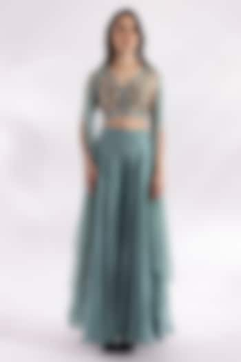 Powder Blue Net Resham Embroidered Cape Set by RCKC AURUM at Pernia's Pop Up Shop