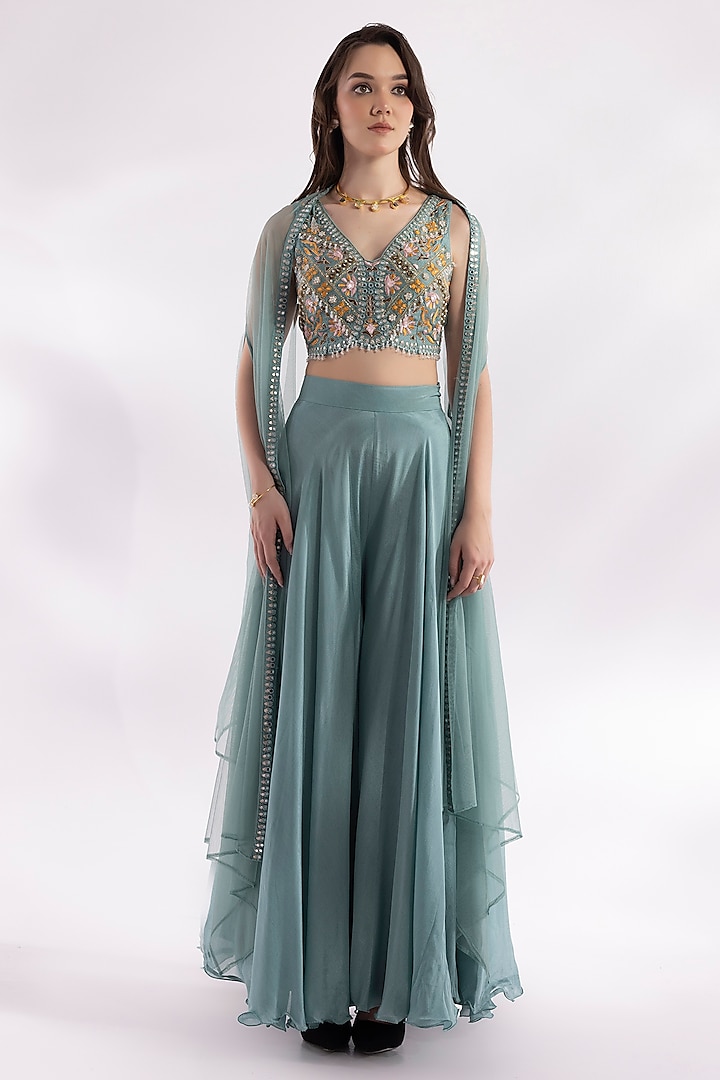 Powder Blue Net Resham Embroidered Cape Set by RCKC AURUM at Pernia's Pop Up Shop