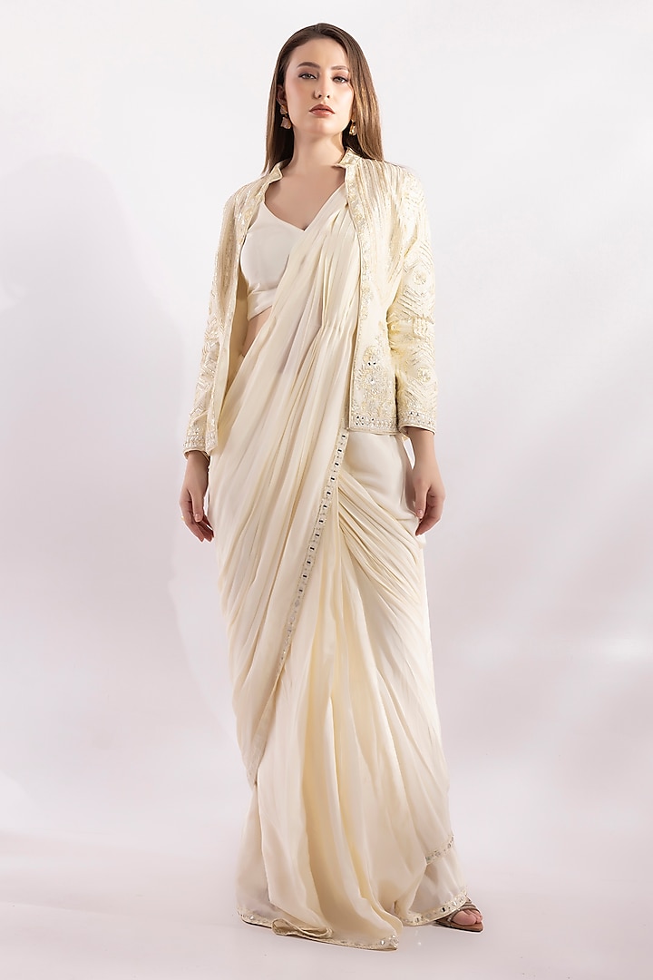 Ivory Shimmer Georgette Gota Embroidered Pre-Draped Jacket Saree Set by RCKC AURUM at Pernia's Pop Up Shop