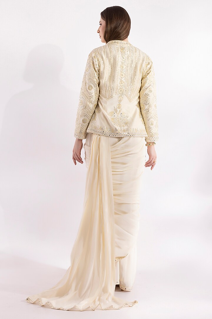 Ivory Shimmer Georgette Gota Embroidered Pre-Draped Jacket Wedding Saree Set by RCKC AURUM at Pernia's Pop Up Shop