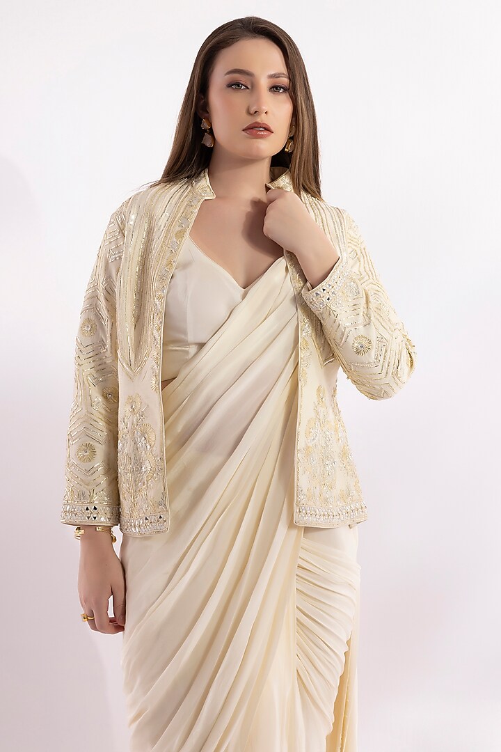 Ivory Shimmer Georgette Gota Embroidered Pre-Draped Jacket Wedding Saree Set by RCKC AURUM at Pernia's Pop Up Shop