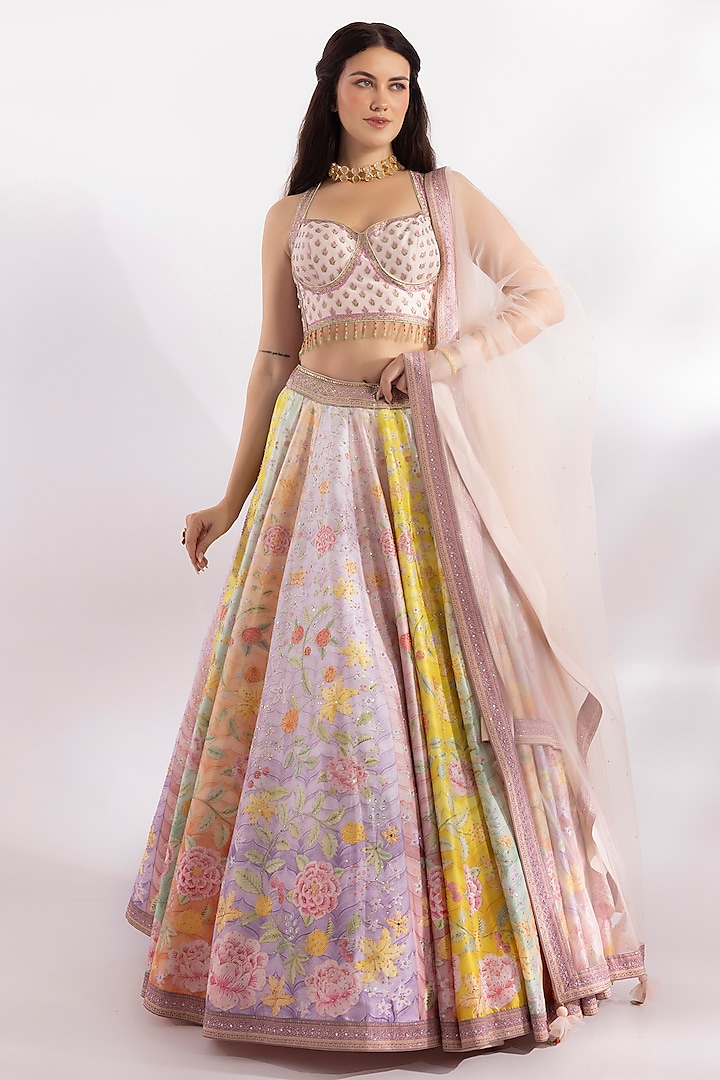 Multi-Colored Raw Silk Crystal Embroidered & Digital Printed Wedding Lehenga Set by RCKC AURUM at Pernia's Pop Up Shop