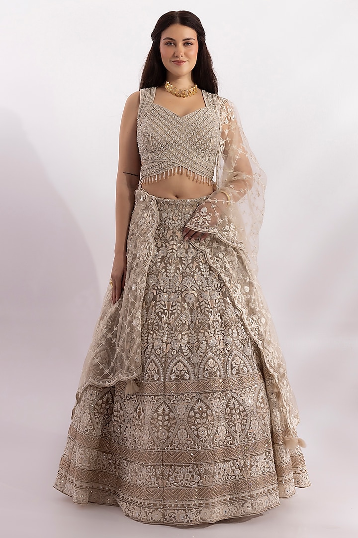 Ivory Tulle Crystal & Bead Embroidered Lehenga Set by RCKC AURUM at Pernia's Pop Up Shop