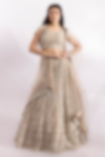 Champagne Gold Tulle Sequins Embroidered Lehenga Set by RCKC AURUM at Pernia's Pop Up Shop