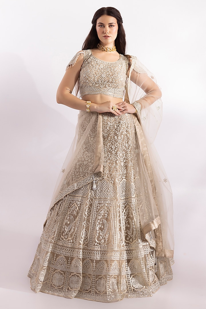 Champagne Gold Tulle Sequins Embroidered Lehenga Set by RCKC AURUM at Pernia's Pop Up Shop