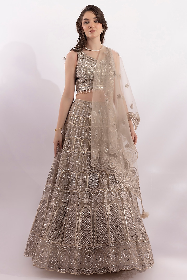 Cappuccino Gold Tulle Crystal Embroidered Lehenga Set by RCKC AURUM at Pernia's Pop Up Shop