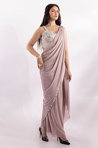 Blush Pink Glitter Lycra Resham Embroidered Pre-Draped Saree Set by RCKC AURUM