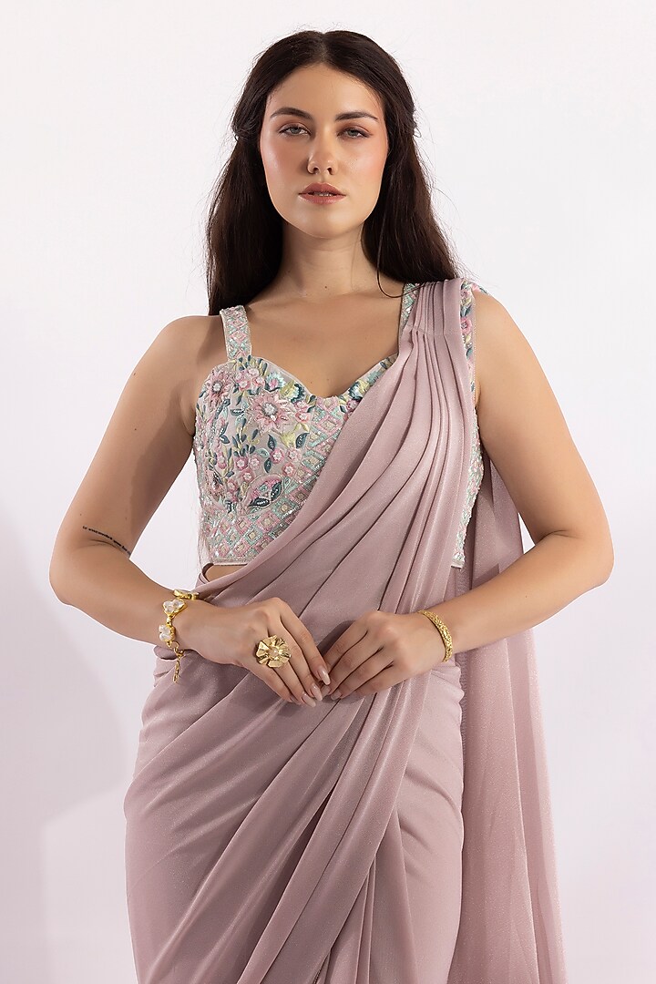 Blush Pink Glitter Lycra Resham Embroidered Pre-Draped Party Wear Saree Set by RCKC AURUM at Pernia's Pop Up Shop