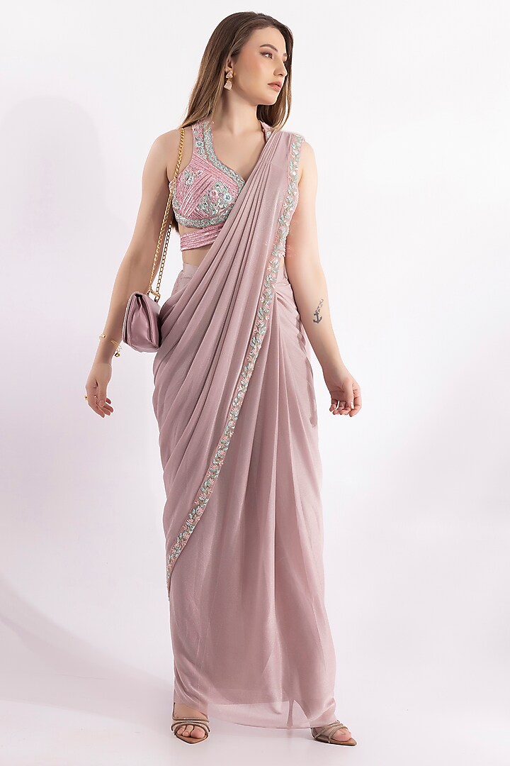 Blush Pink Glitter Lycra Resham Embroidered Pre-Draped Saree Set by RCKC AURUM at Pernia's Pop Up Shop