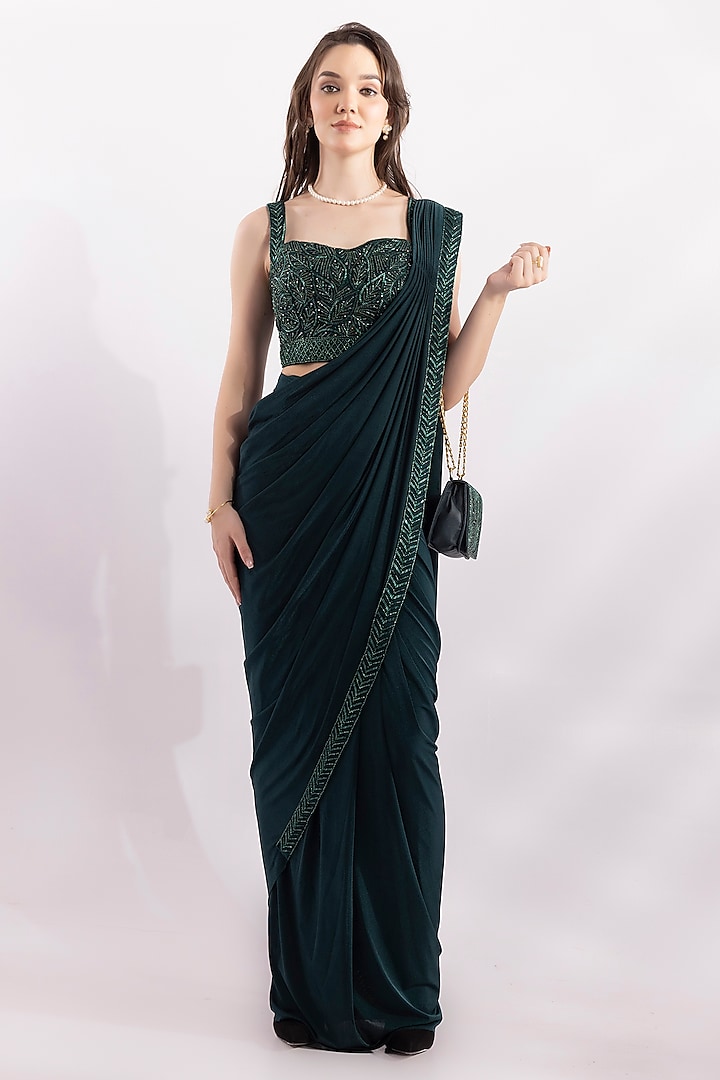 Emerald Green Lycra Sequin Embroidered Pre-Draped Saree Set by RCKC AURUM at Pernia's Pop Up Shop