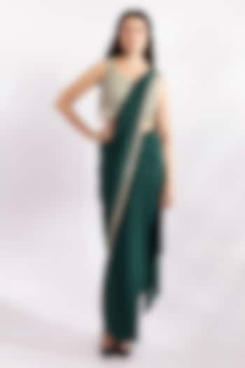 Deep Emerald Green Lycra Embroidered Pre-Draped Saree Set by RCKC AURUM at Pernia's Pop Up Shop