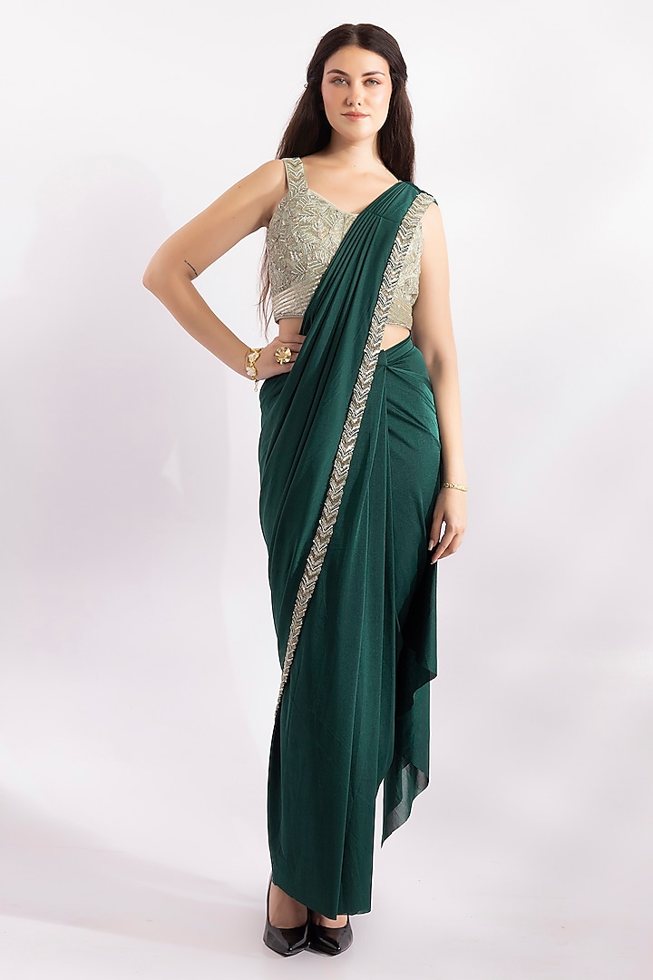 Deep Emerald Green Lycra Embroidered Pre-Draped Saree Set by RCKC AURUM at Pernia's Pop Up Shop