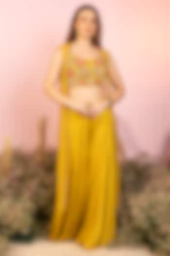 Mustard Yellow Crepe & Tulle Resham Embroidered Cape Set by RCKC AURUM at Pernia's Pop Up Shop