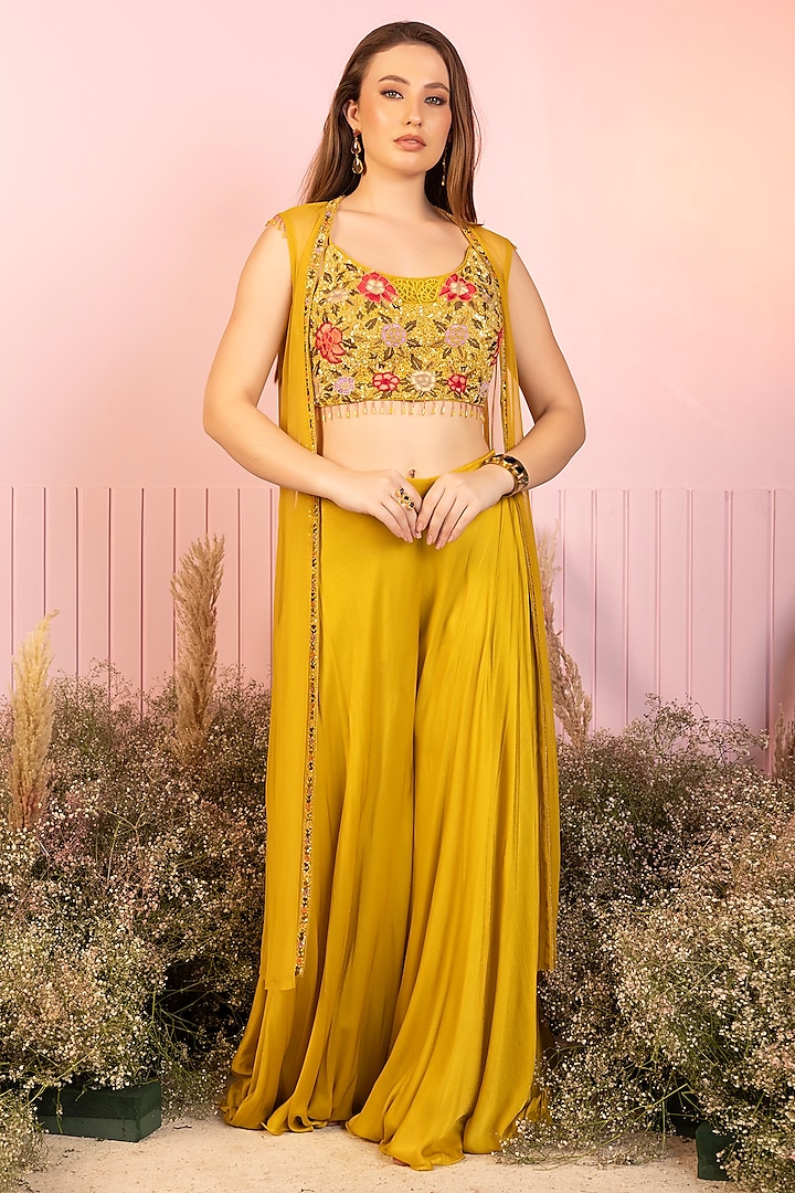 Mustard Yellow Crepe & Tulle Resham Embroidered Cape Set by RCKC AURUM at Pernia's Pop Up Shop