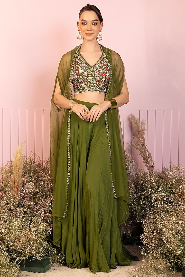 Mehendi Green Crepe & Tulle Mirror Embroidered Cape Set by RCKC AURUM at Pernia's Pop Up Shop