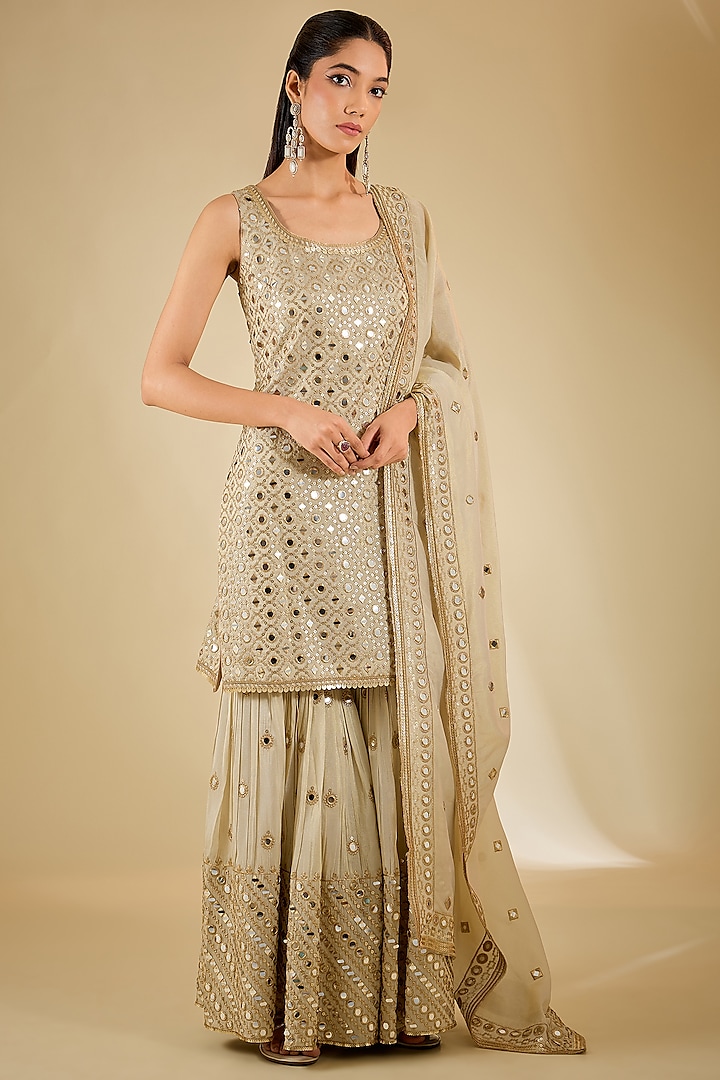 Beige Tissue Silk Mirror Embellished Sharara Set by RCKC AURUM at Pernia's Pop Up Shop