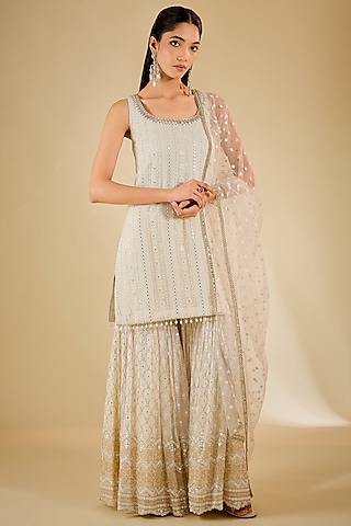 Ivory Georgette Chikankari Embroidered Sharara Set by RCKC AURUM