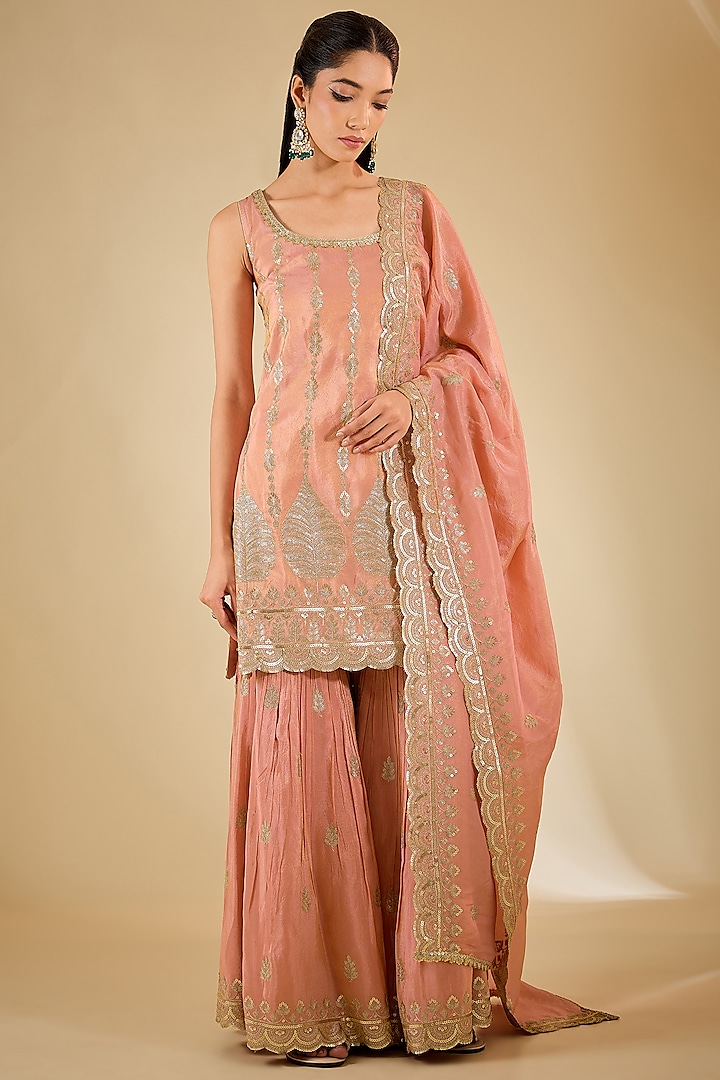 Peach Tissue Silk Sequins Work Sharara Set by RCKC AURUM at Pernia's Pop Up Shop