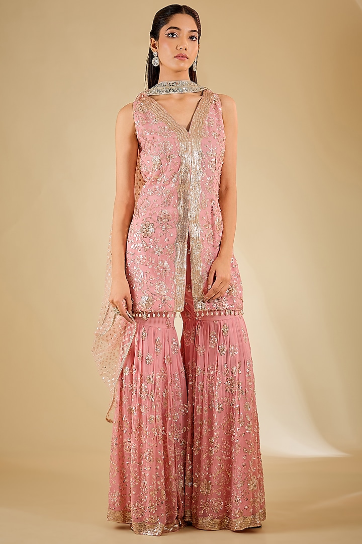 Powder Pink Georgette Sequins Work Flared Sharara Set by RCKC AURUM at Pernia's Pop Up Shop