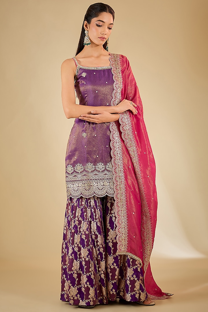 Deep Purple Banarasi Silk Mirror Embellished Handloom Flared Sharara Set by RCKC AURUM at Pernia's Pop Up Shop