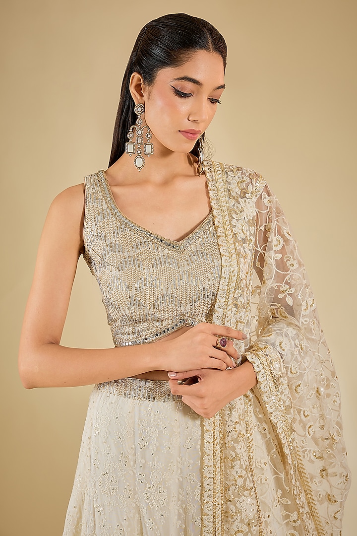 Cream Georgette Mirror & Sequins Embellished Wedding Lehenga Set by RCKC AURUM at Pernia's Pop Up Shop