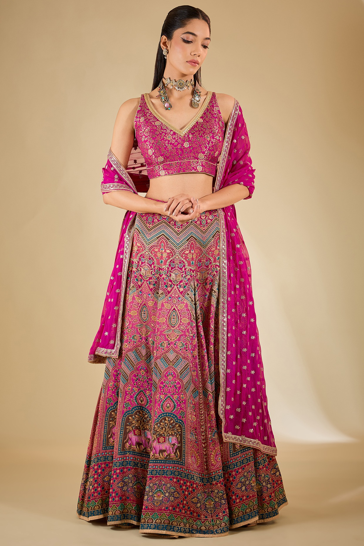 Banarasi Silk Pink Embroidered Lehenga Set Bridal & Festive Outfit with Dupatta - Buy