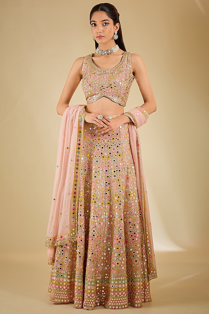 Light Pink Georgette Mirror & Sequins Embellished Wedding Lehenga Set by RCKC AURUM at Pernia's Pop Up Shop