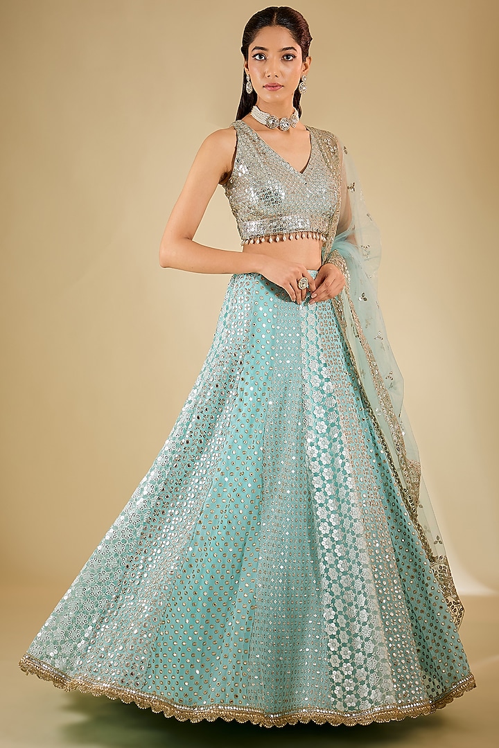 Sky Blue Net Gota Patti Embellished Wedding Lehenga Set by RCKC AURUM at Pernia's Pop Up Shop