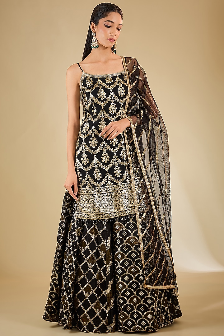 Black Banarasi Silk Handloom Flared Sharara Set by RCKC AURUM at Pernia's Pop Up Shop