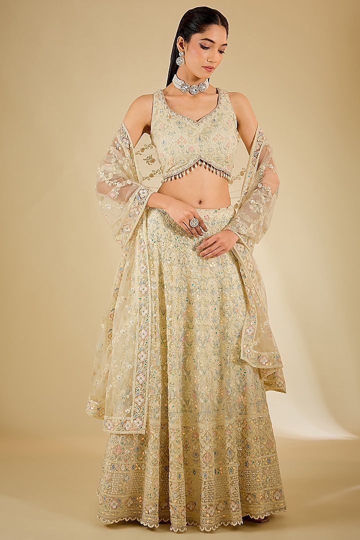 Light Gold Net Chikankari Hand Embellished Wedding Lehenga Set by RCKC AURUM at Pernia's Pop Up Shop