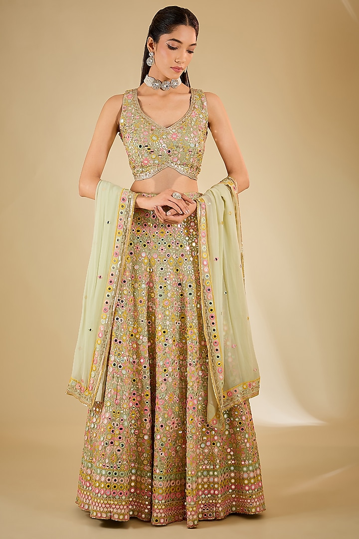 Pista Green Georgette Mirror & Sequins Embellished Wedding Lehenga Set by RCKC AURUM at Pernia's Pop Up Shop