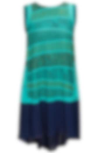 Turquoise striped hand block print trapeze dress by Richa Aggarwal