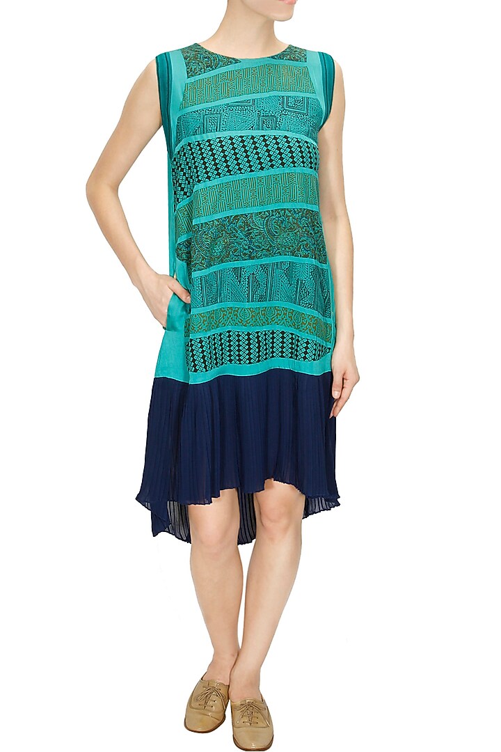 Turquoise striped hand block print trapeze dress available only at Pernia's Pop-Up Shop.