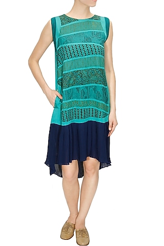 Turquoise striped hand block print trapeze dress by Richa Aggarwal