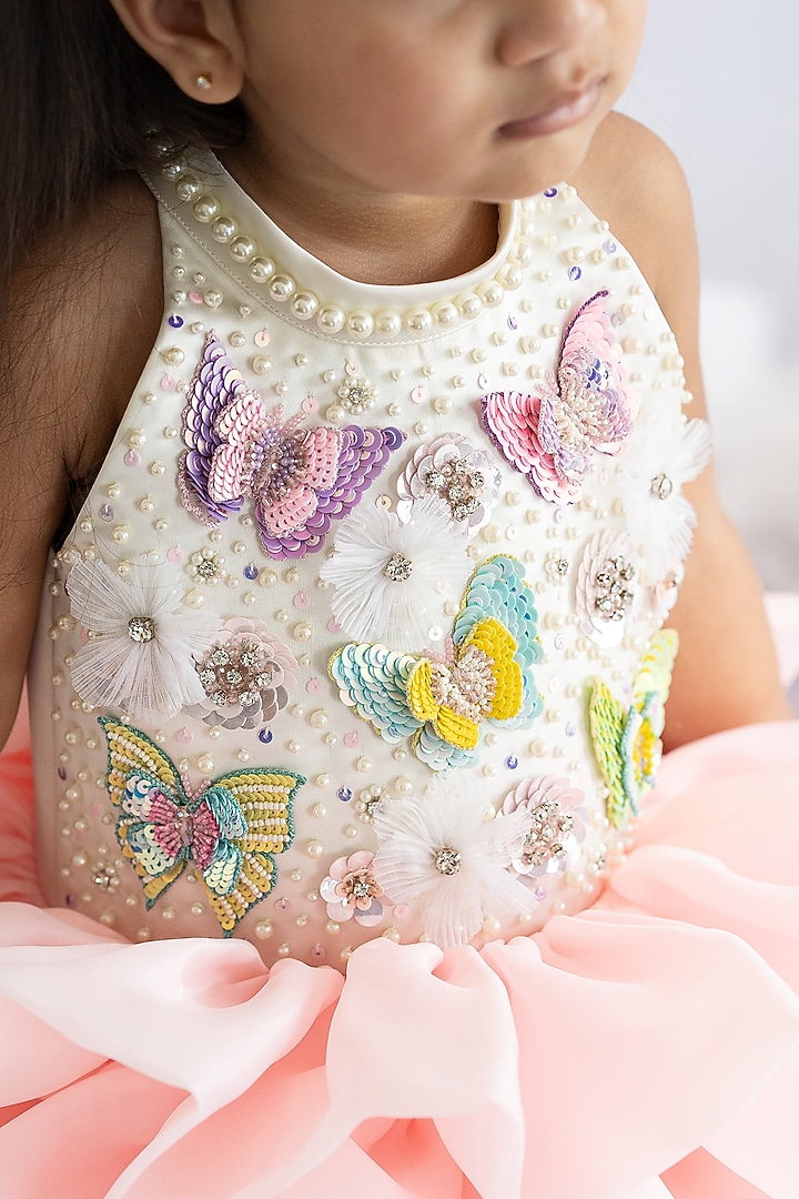 Pink Bridal Satin & Butter Organza Hand Embroidered Layered Dress For Girls by Ruchikalathlabel at Pernia's Pop Up Shop