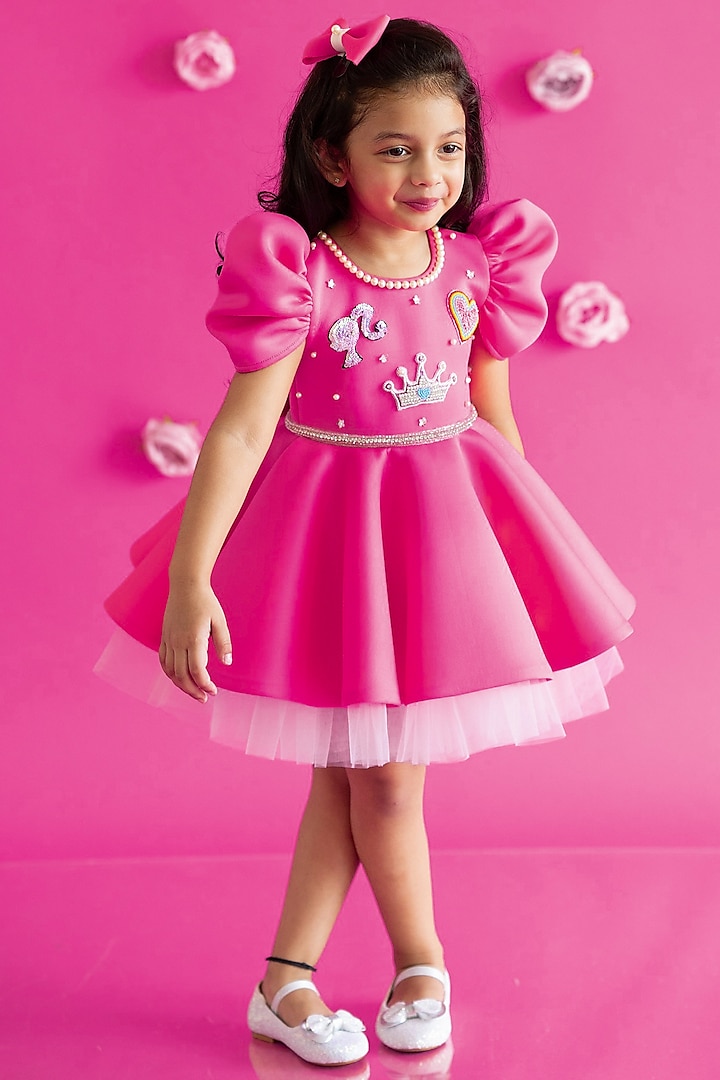 Pink Scuba & Tulle Hand Embroidered Flared Dress For Girls by Ruchikalathlabel