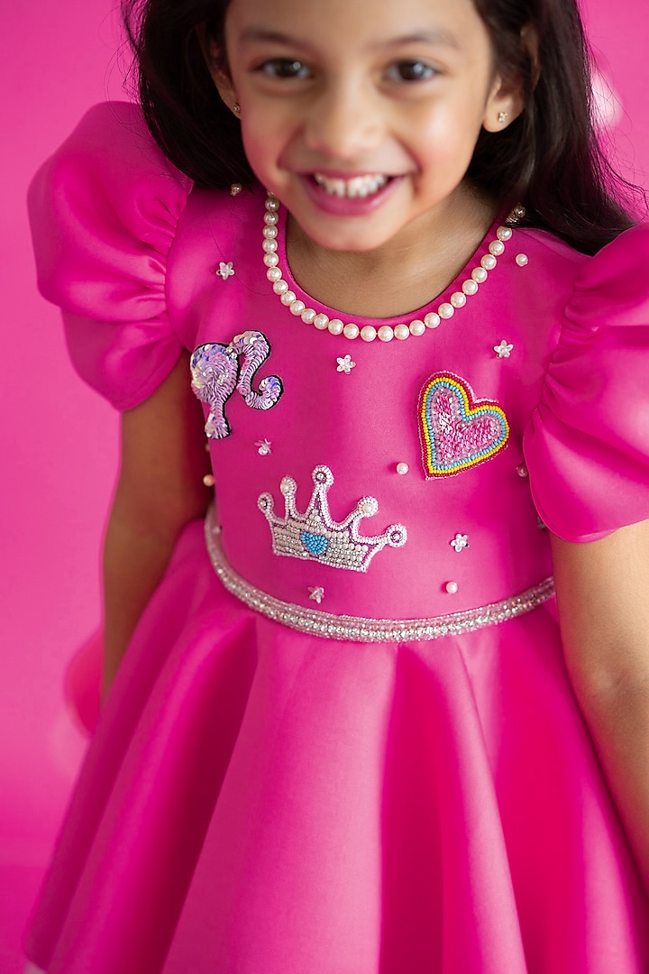 Pink Scuba & Tulle Hand Embroidered Flared Dress For Girls by Ruchikalathlabel at Pernia's Pop Up Shop