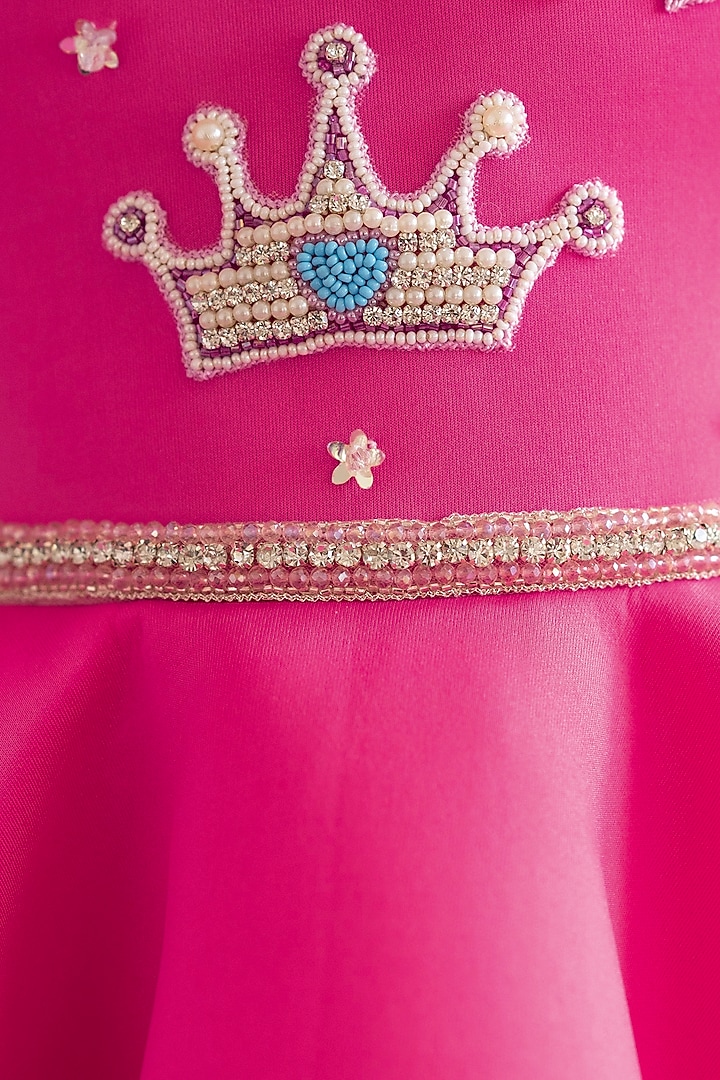Pink Scuba & Tulle Hand Embroidered Flared Dress For Girls by Ruchikalathlabel at Pernia's Pop Up Shop