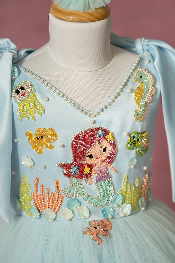 Blue Bridal Satin & Net Hand Embroidered Tie-Up Dress For Girls by Ruchikalathlabel at Pernia's Pop Up Shop