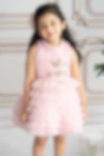 Onion Pink Soft Net Tulle Butterfly Hand Embroidered Layered Dress For Girls by Ruchikalathlabel