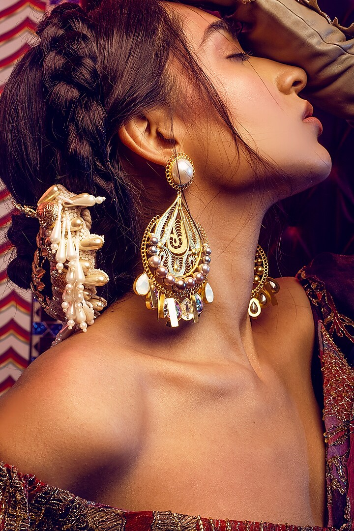 Gold Plated Crystal & Pearl Earrings by Radhika Agrawal Jewels