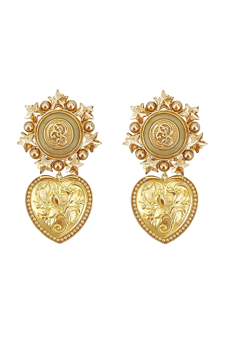 Gold Plated Brass Swarovski Pearl Heart Dangler Earrings by Radhika Agrawal Jewels at Pernia's Pop Up Shop