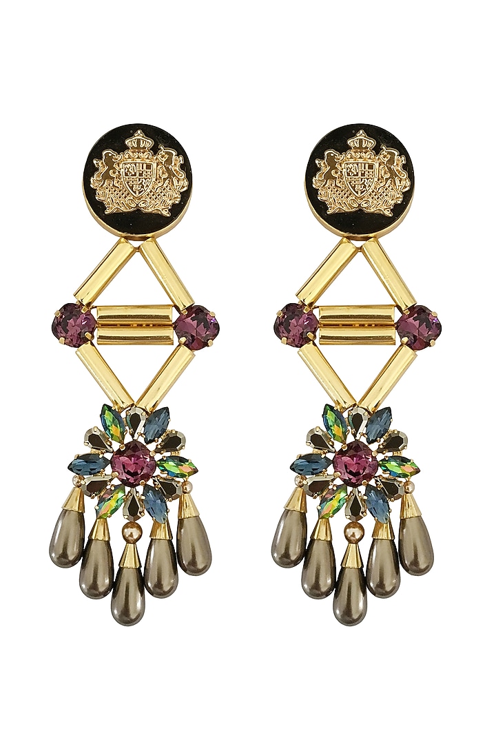 Gold Plated Swarovski Pearl & Crystals Dangler Earrings by Radhika Agrawal Jewels at Pernia's Pop Up Shop