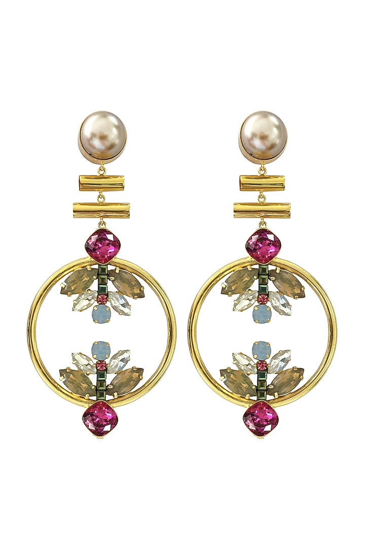 Gold Plated Swarovski Earrings In Brass by Radhika Agrawal Jewels at Pernia's Pop Up Shop